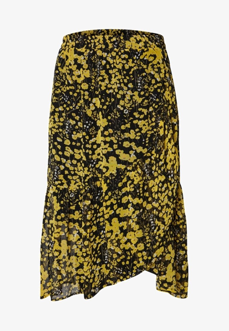 Musta hame, jossa keltainen kukkakuvio, valmistettu kevyestä kankaasta. Siinä on laskostettu helma ja epäsymmetrinen design.