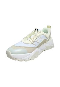 White athletic shoe with a textured upper, beige accents, and a chunky sole. Features an elastic lace system and a rear pull tab.