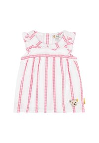 Vestido blanco sin mangas con rayas rosas, hombros con volantitos y un parche de oso en el lado izquierdo. Hecho de tela texturizada.