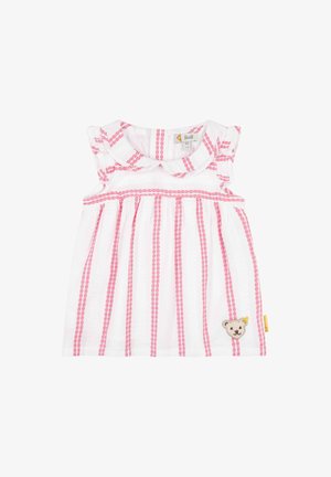 Abito bianco senza maniche con strisce rosa, spalline arricciate e una toppa a forma di orso sul lato sinistro. Realizzato in tessuto testurizzato.