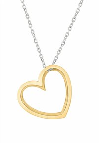 Náhrdelník so zlatým a strieborným príveskom v tvare srdca s dutým stredom, s textúrovaným retiazkou. Jednoduchý, moderný dizajn a leštený povrch.