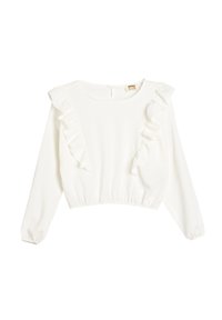 Weiße Bluse mit langen Ärmeln und Rüschendetails an den Schultern sowie einem taillierten Bund. Texturierter Stoff mit Rundhalsausschnitt und Rückenverschluss.