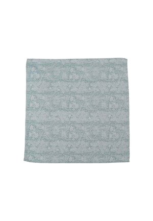 Rectangular cotton tablecloth in light green with intricate white paisley and floral patterns. Soft texture, finished edges.
