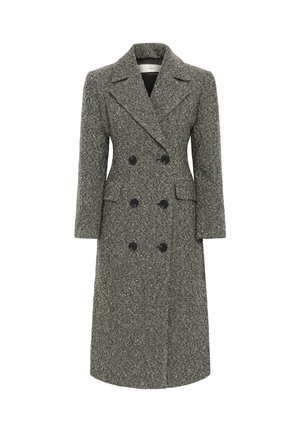 Gray houndstooth wool coat with a double-breasted design, notched lapels, and black buttons; features two side pockets and a knee-length cut.