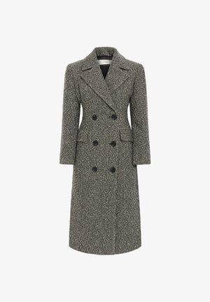 Grå hundtandsmönstrad ullkappan med dubbelknäppning, slagkrage och svarta knappar; har två sidofickor och en knälång längd.