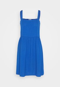 Vestido azul con tirantes delgados y ajustables, con un corsé ajustado y una falda acampanada. Está hecho de una tela suave y texturizada con un acabado liso.
