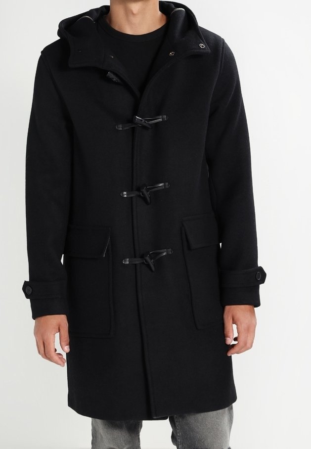 Abrigo de duffle negro hecho de una mezcla de lana, con cierres de toggles, dos bolsillos frontales y capucha, diseñado con una silueta recta.