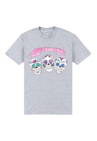 Szara koszulka z trzema ozdobnymi czaszkami w kolorowe wzory oraz różową wstążką z napisem „HONEYDUKES” powyżej nich.