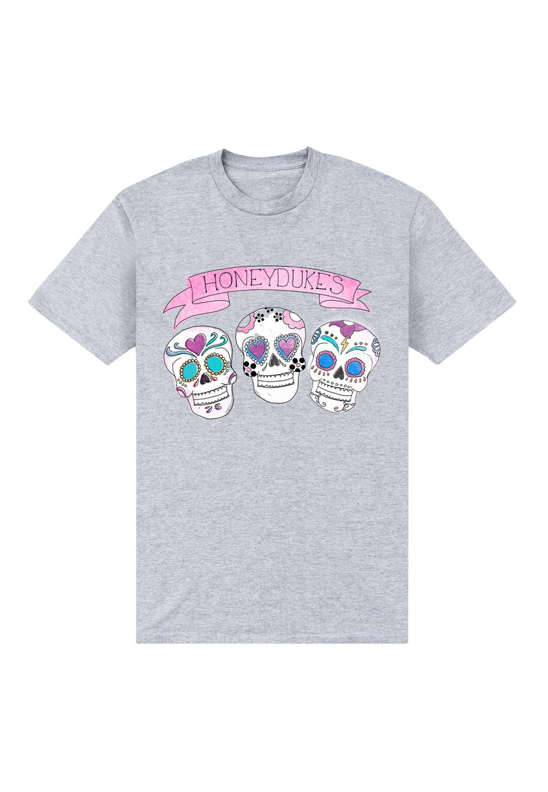 Szara koszulka z trzema ozdobnymi czaszkami w kolorowe wzory oraz różową wstążką z napisem „HONEYDUKES” powyżej nich.