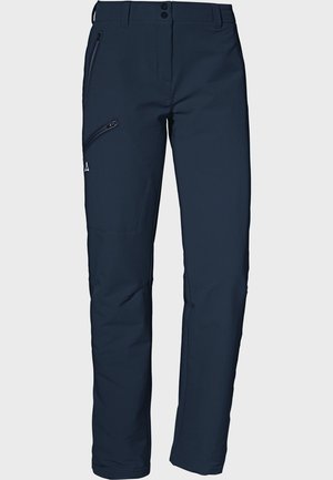Pantalones softshell azul marino de corte ajustado, con bolsillo lateral con cremallera y áreas de rodillas reforzadas. Tejido durable con una textura suave y detalles mínimos.