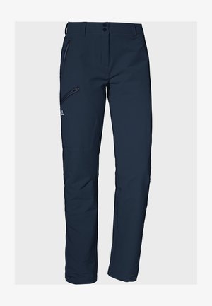 Marineblaue Softshell-Hose mit schmalem Schnitt, seitlicher Reißverschlusstasche und verstärkten Kniepartien. Strapazierfähiger Stoff mit glatter Textur und minimaler Detailausführung.