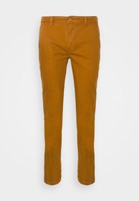 Pantalon chino en coton de couleur moutarde chaude, doté d'une coupe classique, de poches avant, d'une fermeture à bouton et de passants pour ceinture. Texture lisse.