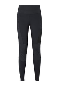 Leggings sportivi neri con vita alta, realizzati in un tessuto elasticizzato e dotati di tasche laterali e pannelli testurizzati per la traspirabilità.