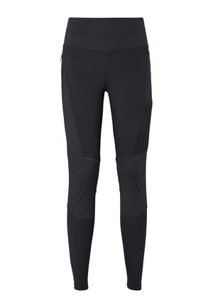 Zwarte sportleggings met een hoge tailleband, gemaakt van een rekbare stof met zijzakken en textuurpanelen voor ademend vermogen.