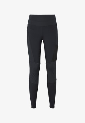 Zwarte sportleggings met een hoge tailleband, gemaakt van een rekbare stof met zijzakken en textuurpanelen voor ademend vermogen.