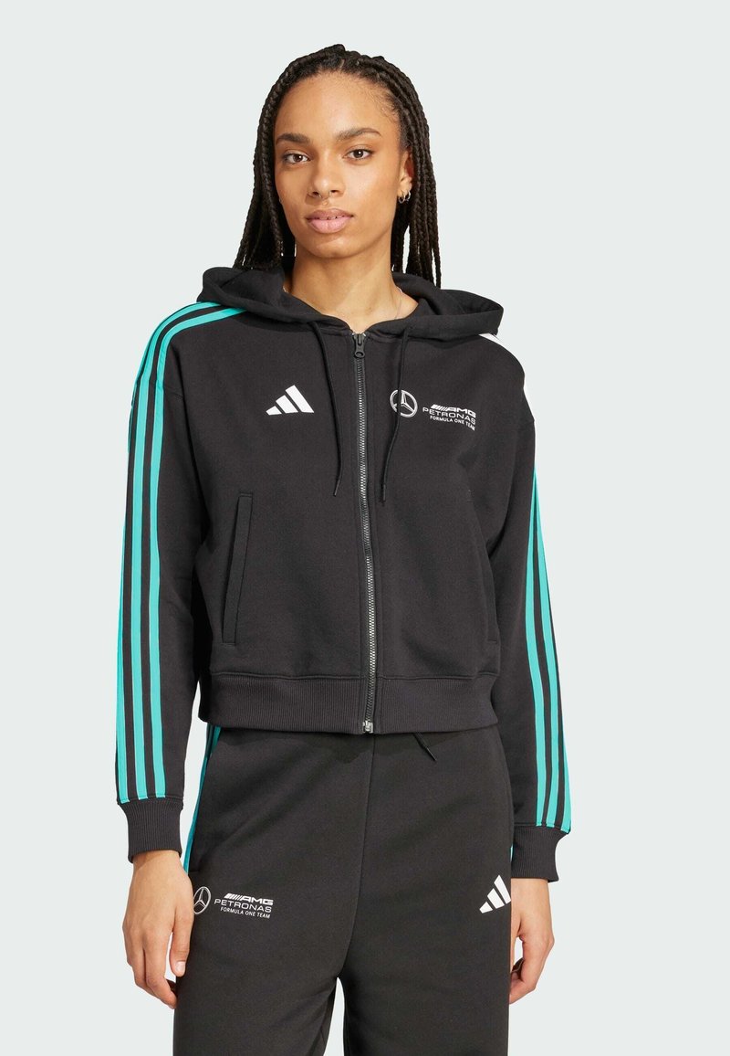 Sort zip-up hættetrøje med turquoise striber og Adidas-logo. Har en frontlynlås, justerbar hætte med snoretræk og broderede grafikker.