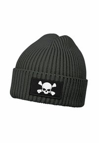 Gray knit beanie with a ribbed texture and a folded cuff, featuring a black patch adorned with a white skull and crossbones design.