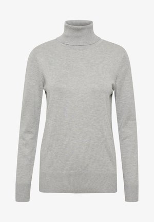 Hellgrauer Rollkragenpullover aus weichem Strickstoff, mit langen Ärmeln sowie ribbelten Bündchen und Saum. Glatte Textur mit einer enganliegenden Passform.