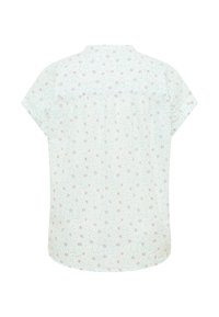 Short-sleeve, light blue shirt featuring a floral pattern with small red and blue accents. Fabric is lightweight; back has a yoke detail.