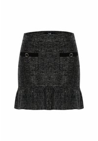 Jupe en tweed noir avec une finition texturée, dotée de deux poches avant avec des bandes noires et des accents en anneau doré, et un ourlet évasé.