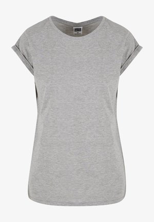 Graues Kurzarm-T-Shirt aus weicher Baumwolle, mit Rundhalsausschnitt und aufgekrempelten Ärmeln, einer glatten Textur und einem lockeren Sitz.