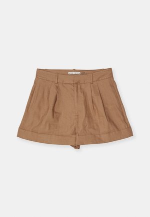 Bermudas de linho castanho claro com um design plissado, cintura larga e bainhas dobradas, apresentadas contra um fundo branco.