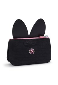 Borsetta nera con dettagli a orecchie di coniglio, zip rosa e patch con logo. Realizzata in un materiale testurizzato, design compatto adatto per accessori.