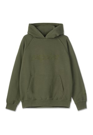 Zelena dukserica s kapuljačom, prednjim džepom i izvezenim logotipom "pegador". Ribušeni rukavi i donji rub, mekana tekstura tkanine.