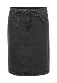 Denim rok in donkergrijs met een hoge taille, voorste strikdetail en schuine zijnaden. Heeft traditionele zakken en een nette afwerking.
