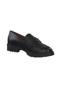 Schwarze Lederloafers mit runder Zehenform, dekorativem Riemen und strukturiertem Gummisohle. Mit dezenten Steppnähten und roten Akzenten.