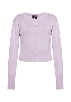 Lichtpaarse cropped cardigan van een zachte gebreide stof, met lange mouwen, een ronde halslijn en versierde knoopdetails aan de voorkant.