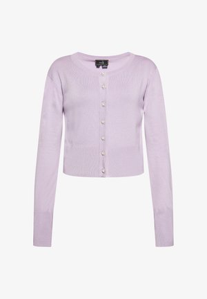Lichtpaarse cropped cardigan van een zachte gebreide stof, met lange mouwen, een ronde halslijn en versierde knoopdetails aan de voorkant.
