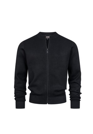 Maglione nero con zip e colletto rotondo. Presenta maniche lunghe, polsini e orlo a coste, realizzato in un morbido materiale a maglia. Design semplice.