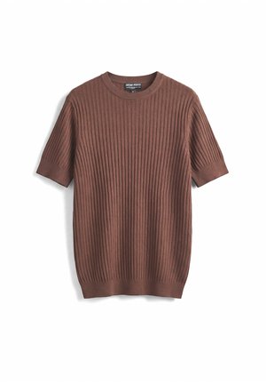 Smeđi rebrasti pletivi pulover s kratkim rukavima, okruglim izrezom i srednje debljine, oznake Antony Morato, prikazan ravno na bijeloj pozadini.