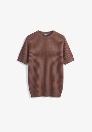 Smeđi rebrasti pletivi pulover s kratkim rukavima, okruglim izrezom i srednje debljine, oznake Antony Morato, prikazan ravno na bijeloj pozadini.