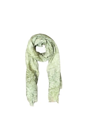 Sciarpa verde chiaro con motivi floreali e paisley bianchi intricati, annodata leggermente con le estremità frangiate visibili.
