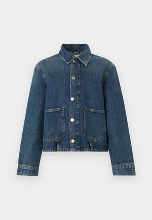 Veste en denim à manches longues, fermeture à boutons, deux grandes poches avant et col classique en lavage bleu moyen.
