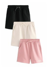Tre par afslappede shorts i sort, beige og pink. Funktioner inkluderer elastisk talje, snor og sidelommer. Blød tekstur.
