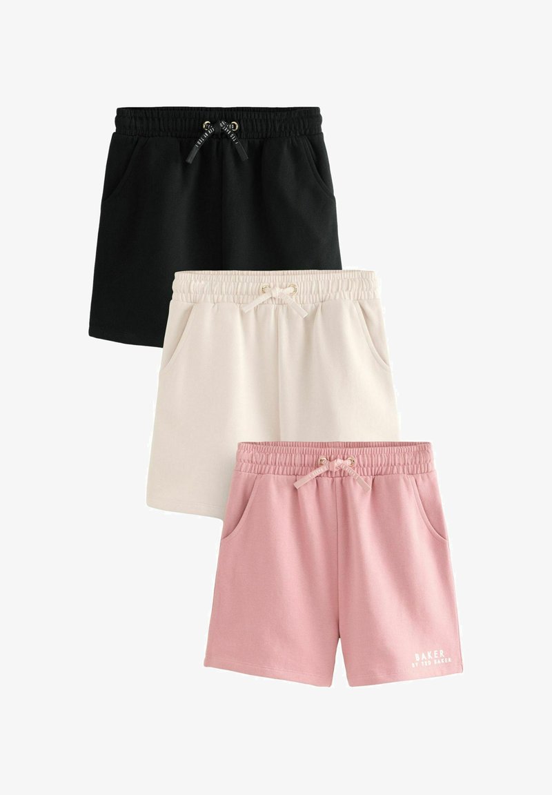 Tre par afslappede shorts i sort, beige og pink. Funktioner inkluderer elastisk talje, snor og sidelommer. Blød tekstur.