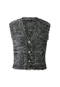 Schwarze und weiße, strukturierte ärmellose Strickweste mit V-Ausschnitt, drei silbernen Knöpfen, zwei Fronttaschen und ausgefransten Kanten.