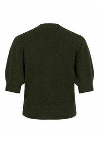 Pull en maille texturée vert foncé avec des manches courtes bouffantes et un col rond. Les poignets et l'ourlet côtelés assurent une finition ajustée.