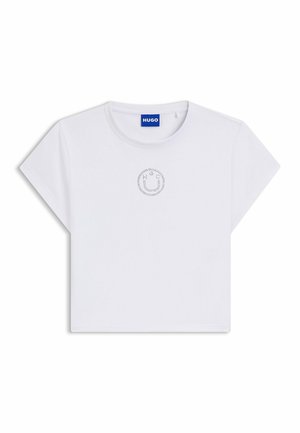 T-shirt bianca corta con maniche corte, caratterizzata da una scollatura rotonda e una grafica di una faccina sorridente in rhinestones sul davanti. Etichetta del marchio: HUGO.
