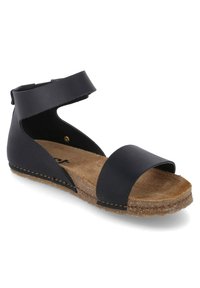 Sandalo in pelle nera con cinturino alla caviglia, design open toe, suola in sughero e soletta imbottita marrone; presenta dettagli di cucitura minimalisti.