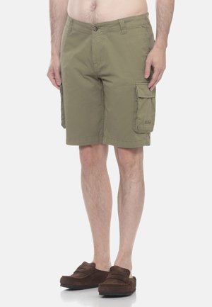 Uomo che indossa pantaloncini cargo kaki e scarpe slip-on marroni, in piedi davanti a uno sfondo bianco uniforme.