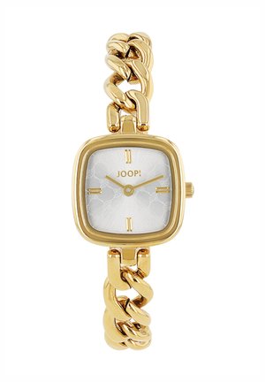Uhr in Goldoptik mit quadratischem Zifferblatt, weißem strukturiertem Ziffernblatt und Gliederarmband. Verfügt über goldene Stundenmarkierungen und Zeiger. JOOP! Schriftzug auf dem Zifferblatt.