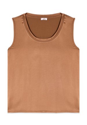 Ärmelloses braunes Satintanktop mit rundem Ausschnitt und einfachem Saum, hergestellt in Italien.