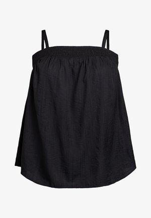 Zwarte mouwloze top met een gesmokte halslijn, uitgevoerd in een lichtgewicht, textuurstof en een luchtig, losvallend ontwerp.