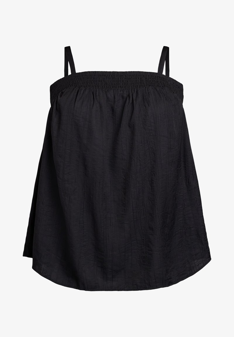 Mustbe vest, mille varrukateta, hõõrutud kaelusega, koos kerge, tekstuuriga kangaga ning voolava, lõtvade lõigetega disainiga.