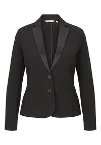 Blazer nero in tessuto liscio con rever in satin, due bottoni e tasche laterali, progettato con una vestibilità su misura e maniche lunghe.
