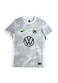 Hellgrau Fußballtrikot aus atmungsaktivem Stoff. Verfügt über dunkle Akzente, das Nike-Logo und ein schwarzes Volkswagen-Graphic auf der Vorderseite.
